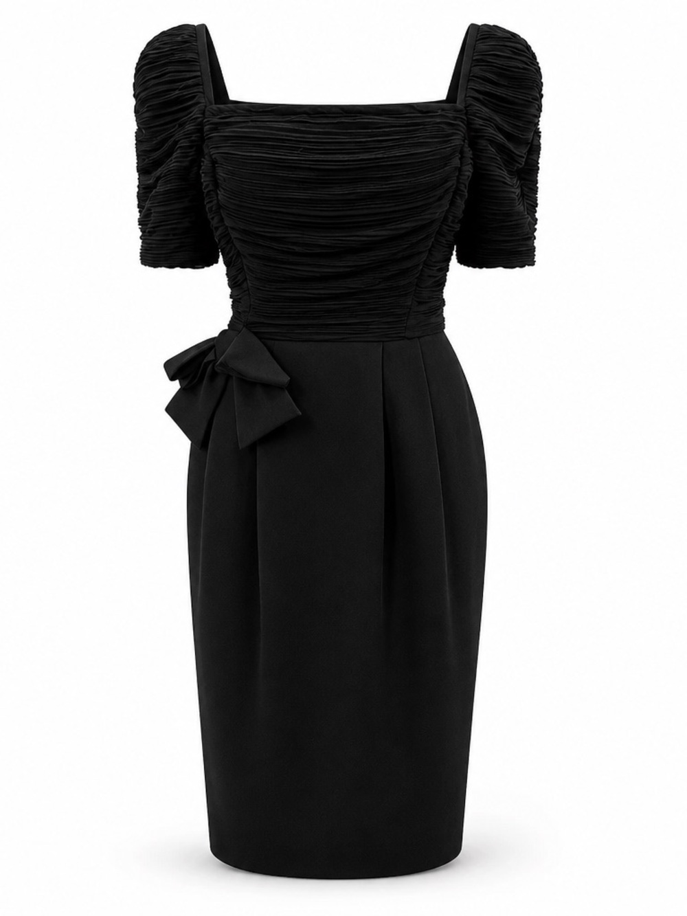 Vintage Ruched Square-Neck Black Midi Dress with Side Bow
